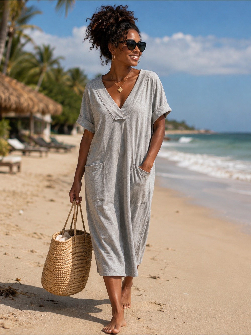 3Birds Nest Women's Gray V-Neck Short Sleeve Pocket Top Dress